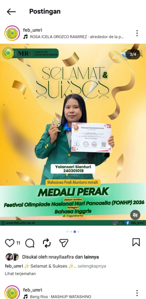 Mahasiswa Prodi Akuntansi FEB UMRI Raih Medali Perak pada Festival Olimpiade Nasional Hari Pancasila 2026