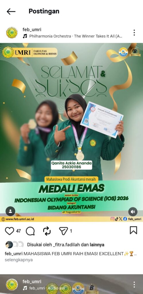 Mahasiswa FEB UMRI Raih Medali Emas pada Indonesian Olympiad of Science (IOS) 2026 Bidang Akuntansi