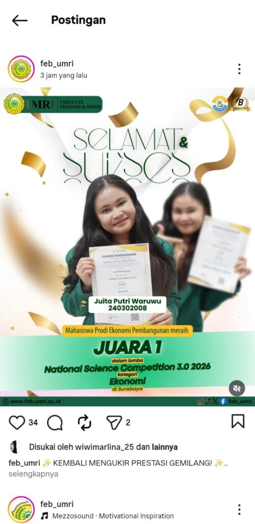 Mahasiswa FEB UMRI Raih Juara 1 National Science Competition 3.0 2026 Kategori Ekonomi