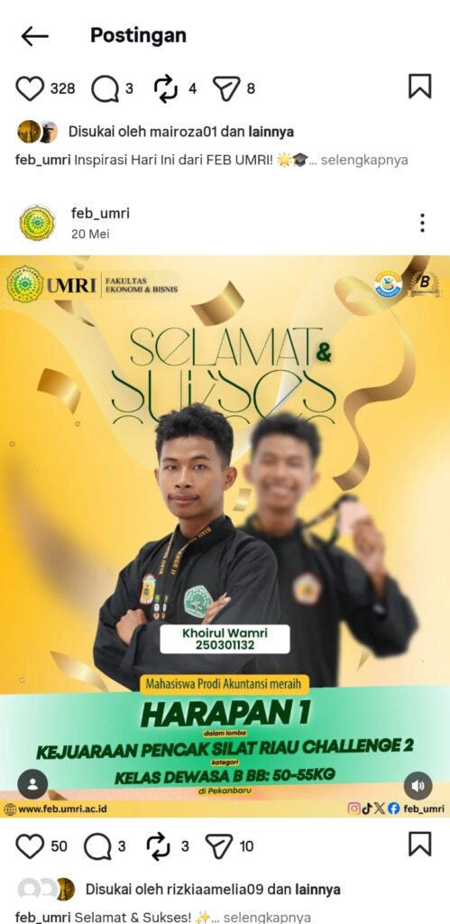 Mahasiswa Akuntansi FEB UMRI Raih Harapan I pada Kejuaraan Pencak Silat Riau Challenge 2