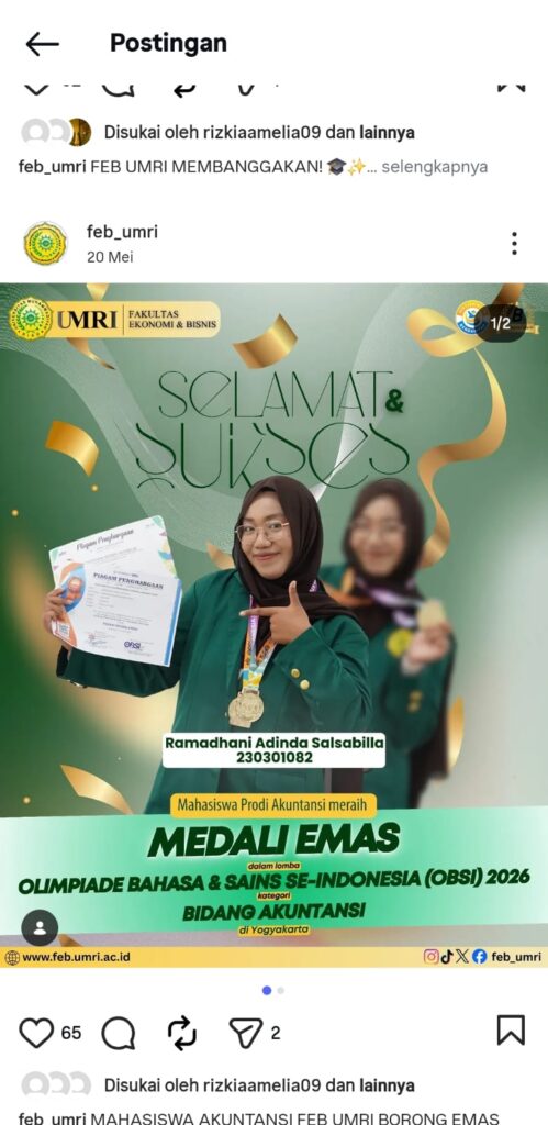 Mahasiswa Akuntansi FEB UMRI Raih Medali Emas pada Olimpiade Bahasa dan Sains Se-Indonesia 2026