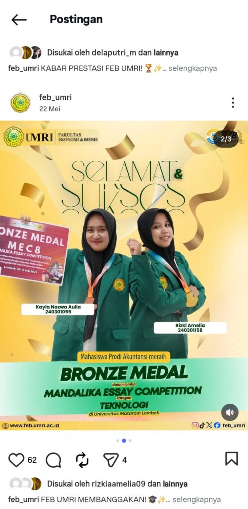 MAHASISWI AKUNTANSI FEB UMRI KEMBALI AMANKAN BRONZE MEDAL KATEGORI TEKNOLOGI DI MANDALIKA ESSAY COMPETITION 8