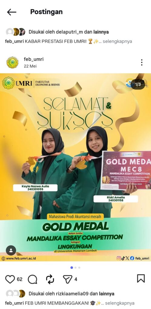 MAHASISWA FEB UMRI RAIH GOLD MEDAL DI AJANG MANDALIKA ESSAY COMPETITION KATEGORI LINGKUNGAN
