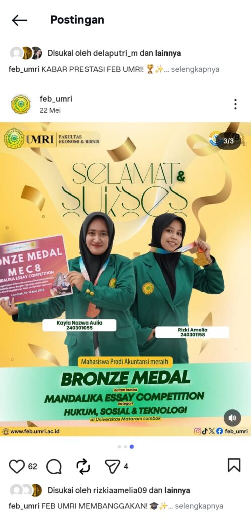 BORONG MEDALI! MAHASISWI AKUNTANSI FEB UMRI KEMBALI AMANKAN BRONZE MEDAL DI KATEGORI HUKUM, SOSIAL & TEKNOLOGI MEC 8